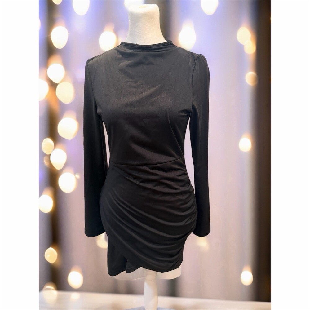 Amazon Womens Black Ruched Bodycon Mini Dress Long Sleeve Mock Neck Size S